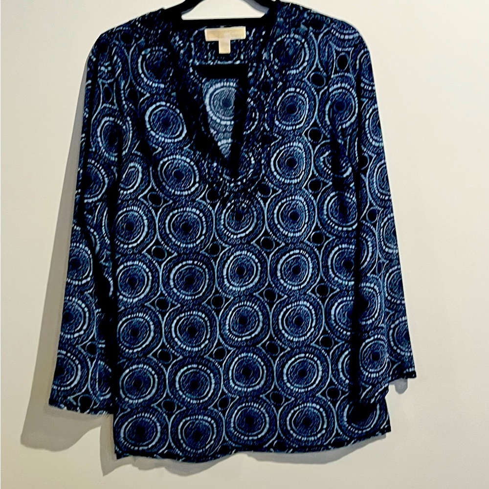 Michael Kors Boho Printed V Neck Long Sleeve Tunic, Top In Navy Blue Size XSmall